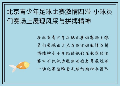 北京青少年足球比赛激情四溢 小球员们赛场上展现风采与拼搏精神
