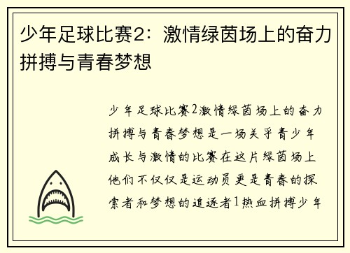 少年足球比赛2：激情绿茵场上的奋力拼搏与青春梦想