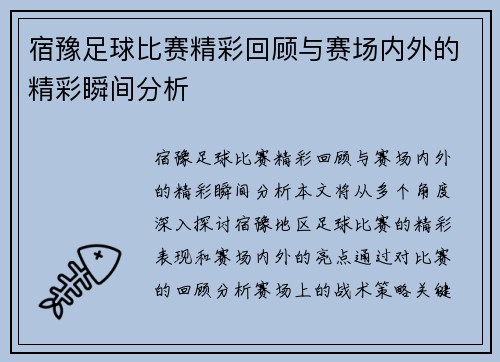 宿豫足球比赛精彩回顾与赛场内外的精彩瞬间分析