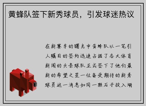 黄蜂队签下新秀球员，引发球迷热议