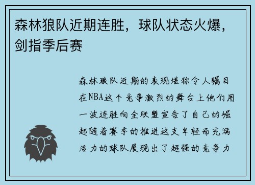 森林狼队近期连胜，球队状态火爆，剑指季后赛