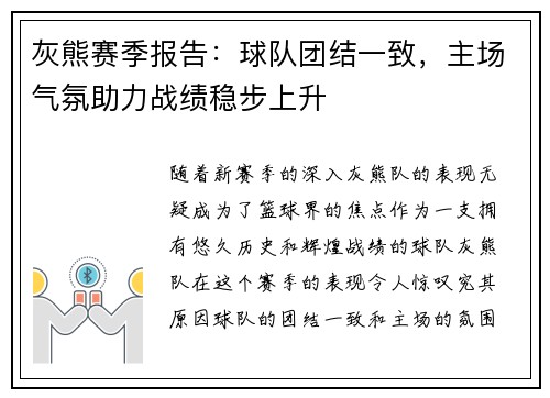 灰熊赛季报告：球队团结一致，主场气氛助力战绩稳步上升