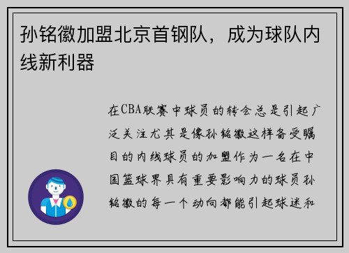孙铭徽加盟北京首钢队，成为球队内线新利器