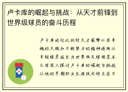 卢卡库的崛起与挑战：从天才前锋到世界级球员的奋斗历程